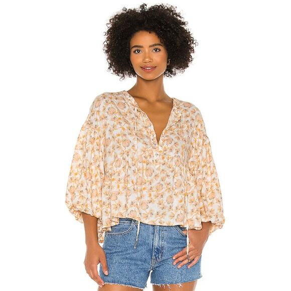 Free People Highlander Yellow 3/4 Sleeve Floral Peplum Babydoll Blouse Top XS - Picture 1 of 5